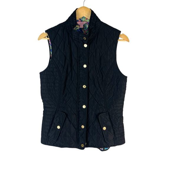 Lilly Pulitzer Quilted Black Getaway Vest Hot Spot Print Lining Women's Medium - Picture 2 of 13